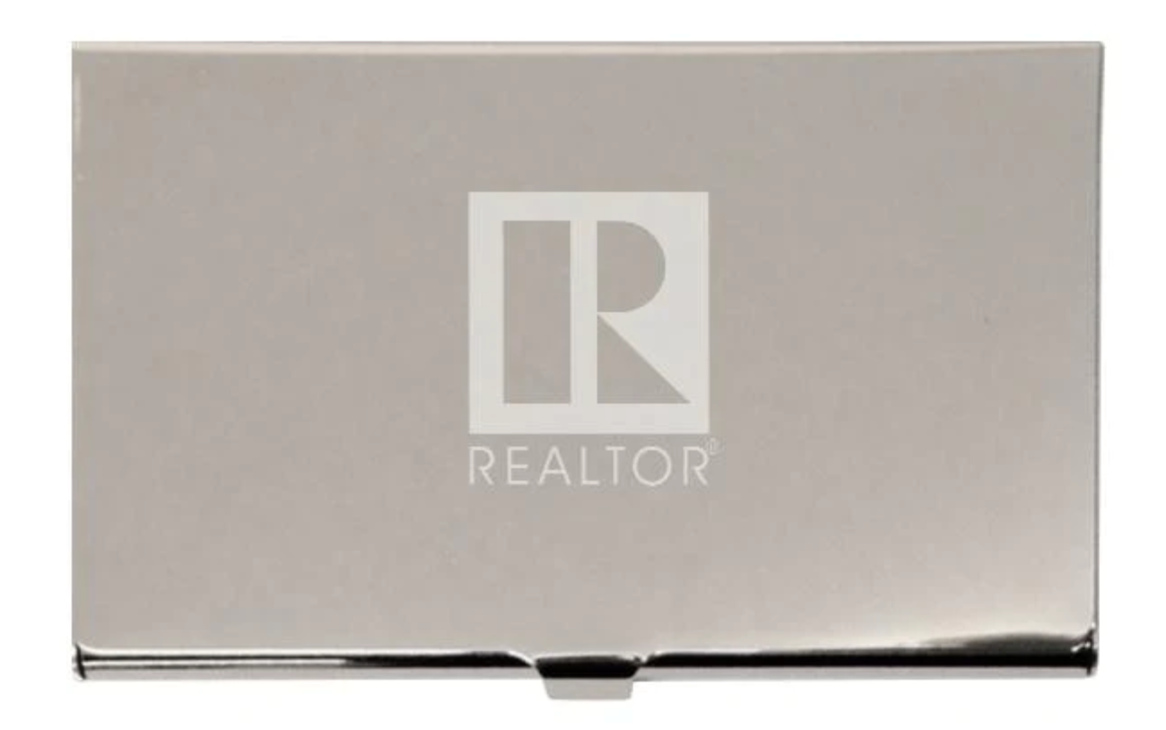 Business Card Holder Metal Pocket Size2 1/2" x 3 3/4" Laser engraved with REALTOR branded Logo Holds 20-25 business cards Assorted Colors(BCHGO BCHSI)