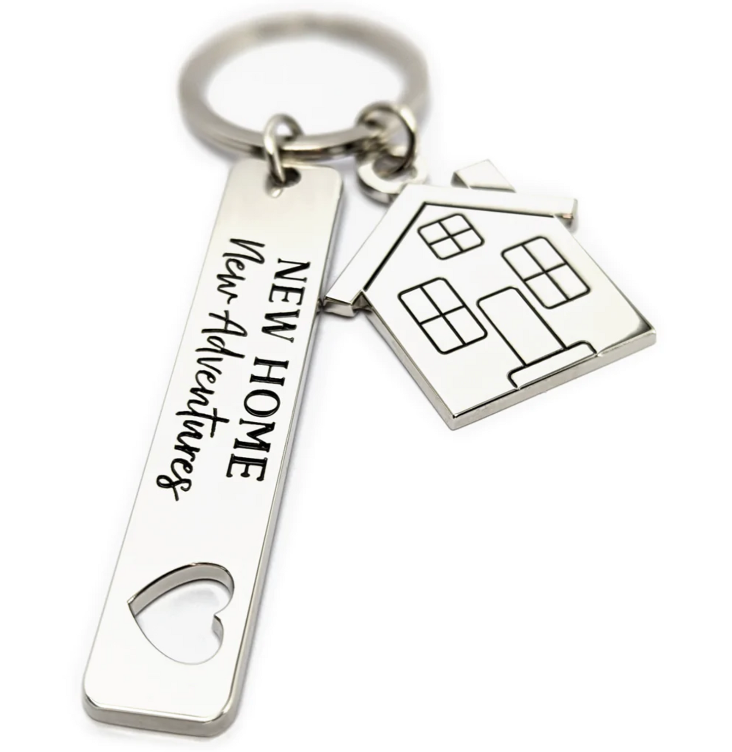 Key Ring Key Chain New Home New Adventures 2 charms House shaped and a Bar with Heart cutout (KNEWH)
