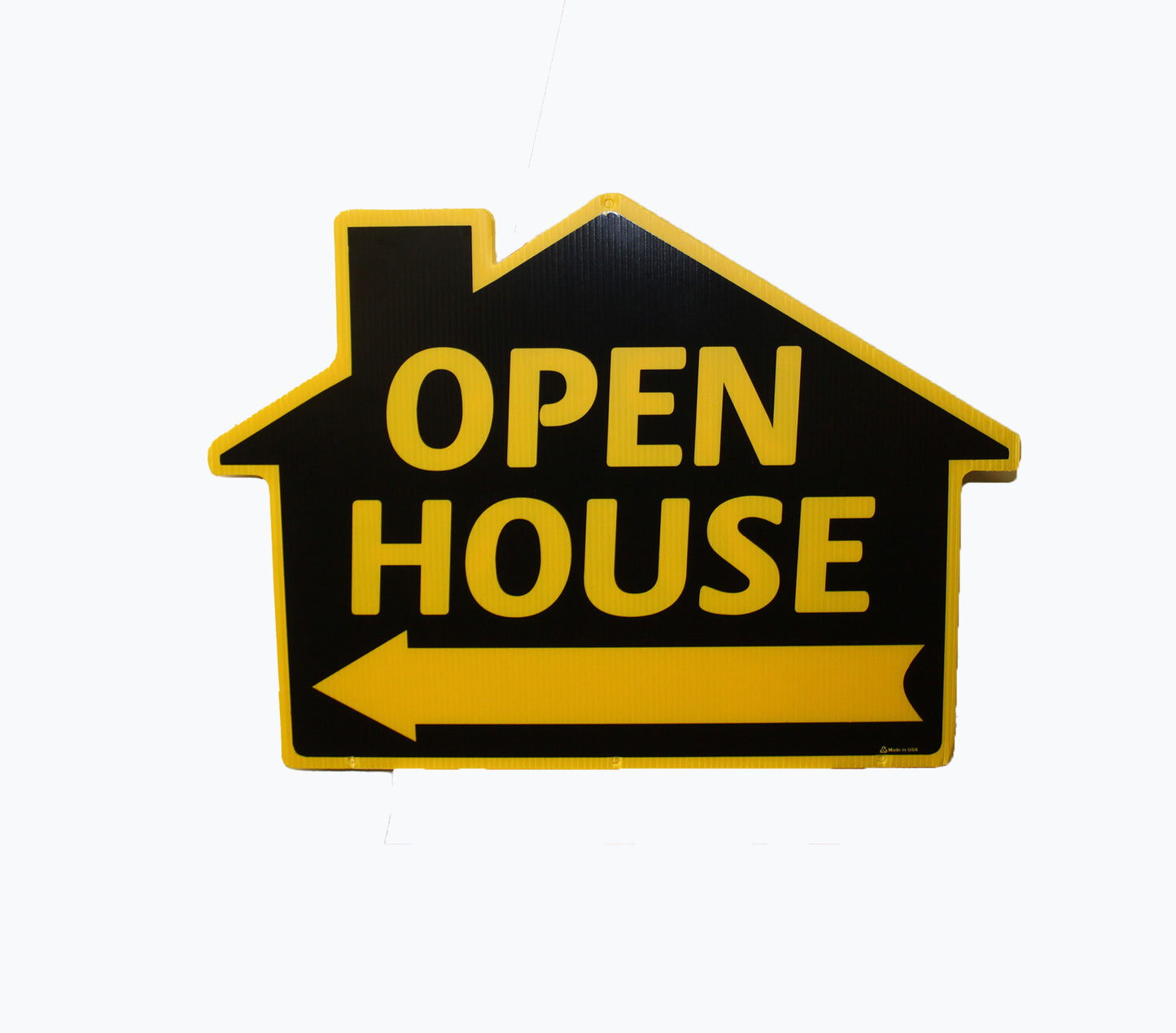 Sign House Shape Open House with Arrow Yellow and Black 23"wide x 17"tall double sided corrugated 1 Hanging hole on the top and 3 on the bottom (SHOPY)