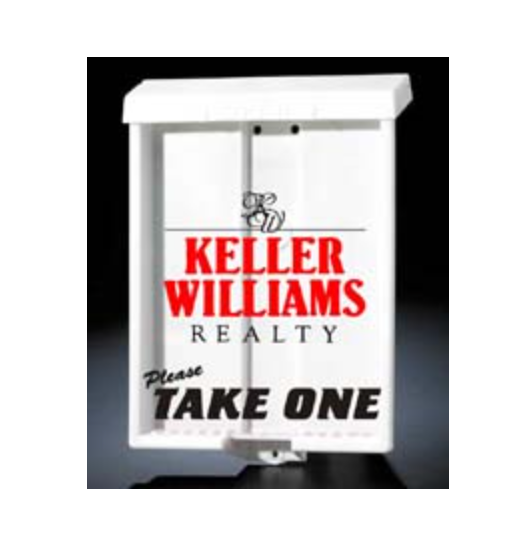 Outdoor Flyer Brochure Box White Clear front Keller Williams logo Please Take One in Black and top closure accommodates 75 sheets of 8 1/2 x11" flyers This item will strap around most yard posts with the cable tie or screw directly onto the post(OBBKW)