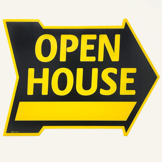 Sign Arrow Shape Open House Yellow and Black  23" wide x 17 1/2 tall double sided corrugated 3 Hanging holes on the top and bottom (SAOHY)
