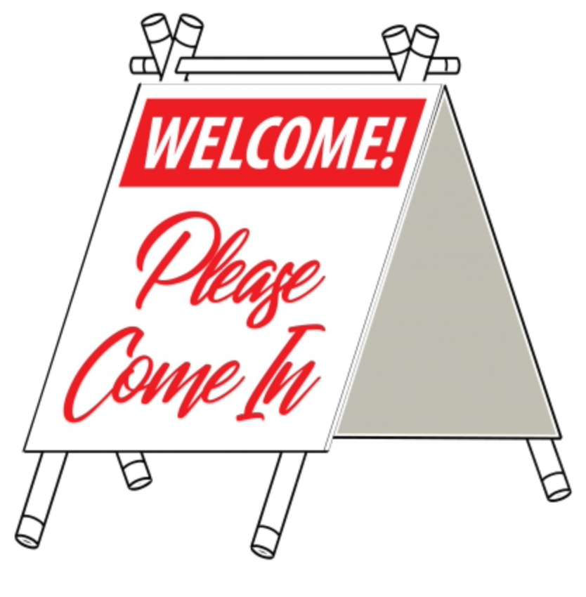 SMALL-Sign A Frame Welcome Please Come In Red small 12" wide x 22"tall PVC Lightweight (AFSMR)