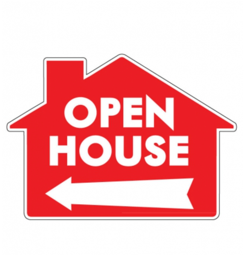 EXTRA LARGE-Sign House Shape Open House with Arrow Red Extra Large Die Cut 31" wide x 22" tall double sided corrugated (XLHOM)