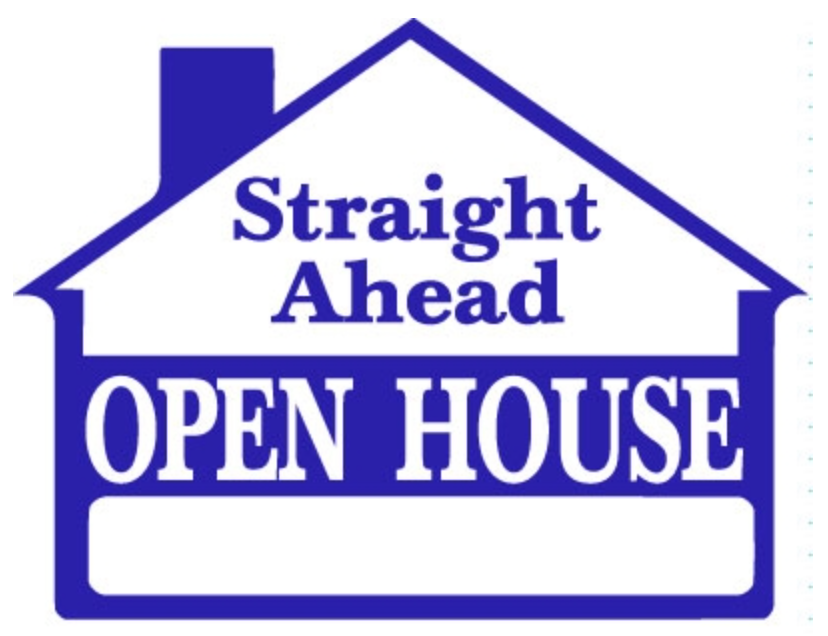 Sign House Shape Straight Ahead OPEN HOUSE Blue 23"wide x 17"tall double sided corrugated 1 Hanging hole on the top and 3 on the bottom (SHSDB)