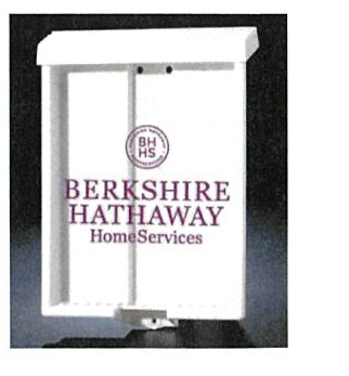 Outdoor Flyer Brochure Box White Clear Front Top Closure Berkshire Hathaway logo Top accommodates 75 sheets of 8 1/2"x11" flyers This item will strap around most yard posts with the cable tie or screw directly onto the post (OBBBH)