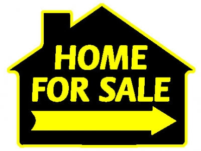 Sign House Shape Black with Yellow Home For Sale with Arrow 23"wide x 17"tall Double Sided corrugated 1 hanging hole on the top and 3 on the bottom (SHH4Y)