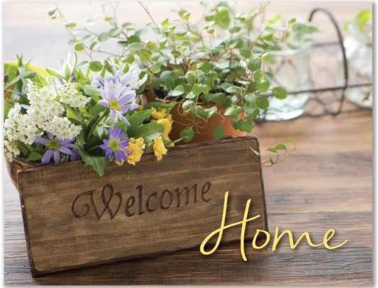note-cards-Welcome Home flower basket -25-note-cards-and-25-envelopes 4 1/4" x 5 1/2"(NOTEF)
