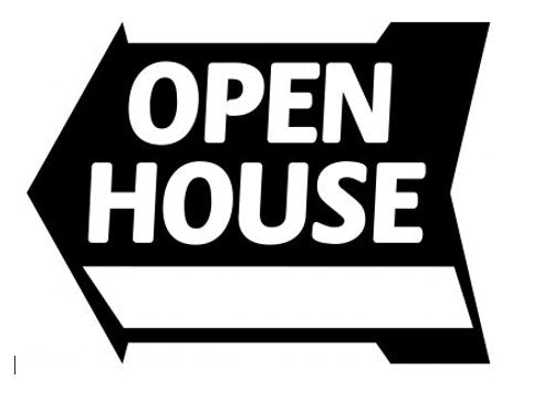 SMALL Sign Arrow Shape Open House Designer Black and White 23" wide x 17 1/2" tall double sided corrugated 3 Hanging holes on the top and bottom (SAOBK)