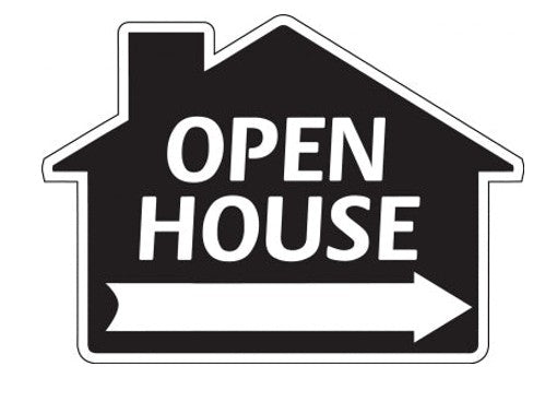 Sign House Shape Open House with Arrow -Designer-Black and White  23"wide x 17"tall  double sided corrugated (SHOBK)