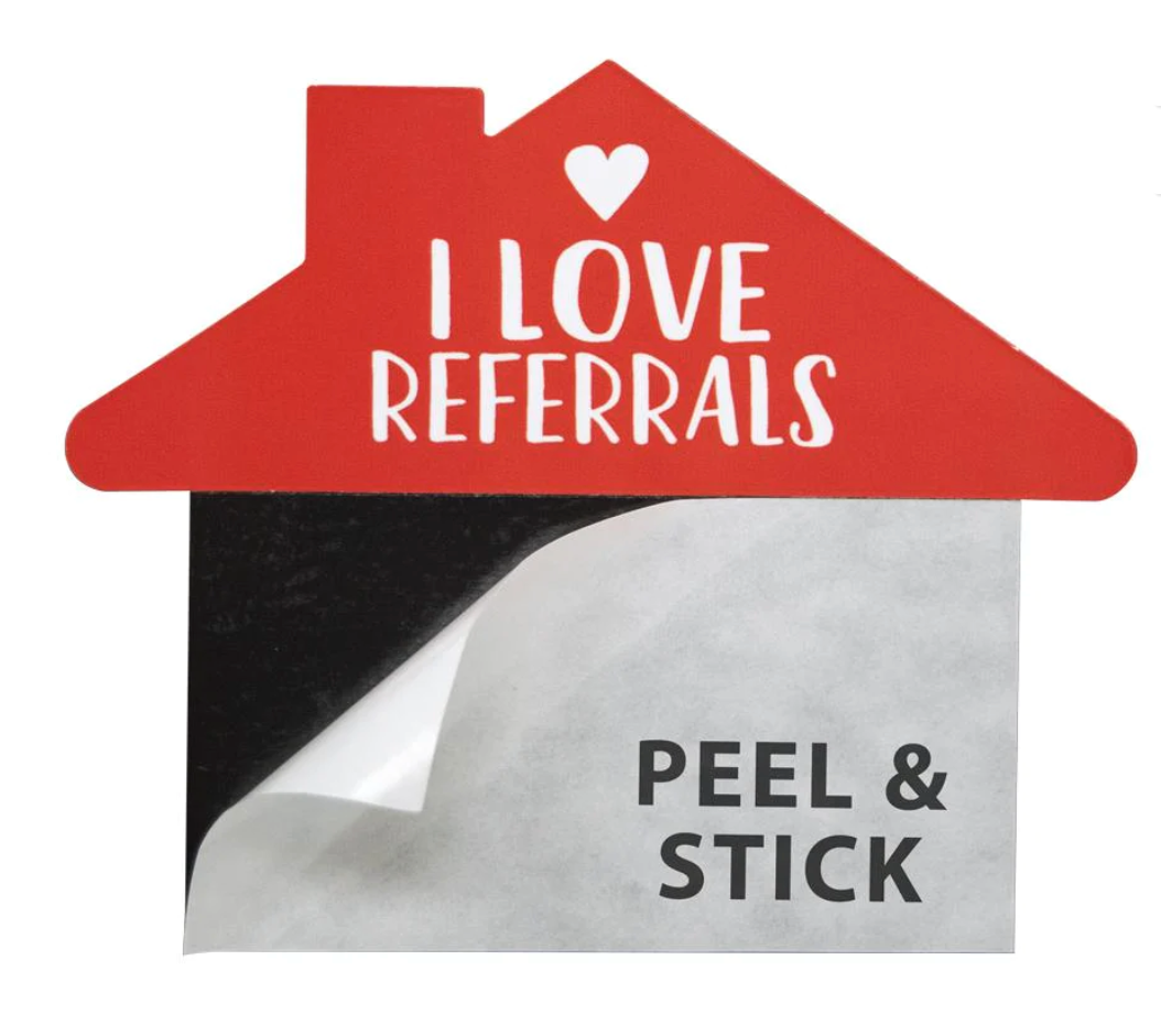 Business Card Magnets-25 Pack House Shaped "I LOVE REFERRALS" Peel and Stick Magnets peel off the adhesive liner and apply a business card (MLOVE)