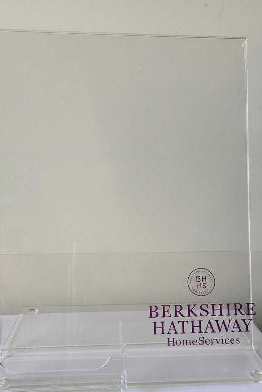 Indoor Flyer Stand Clear Brochure Holder Berkshire Hathaway Logo Holds approx. 200-250 8 1/2" x 11" flyers with Business card holder attachment  (INDBH)