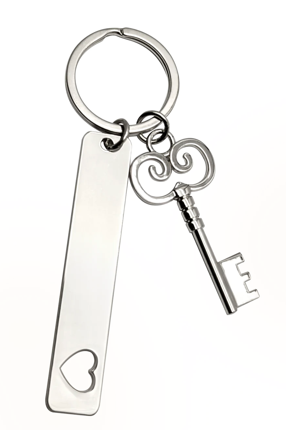Key Ring Key Chain Large Antique Key and Bar with cutout Heart 2 charms can be engraved (KHBAR)