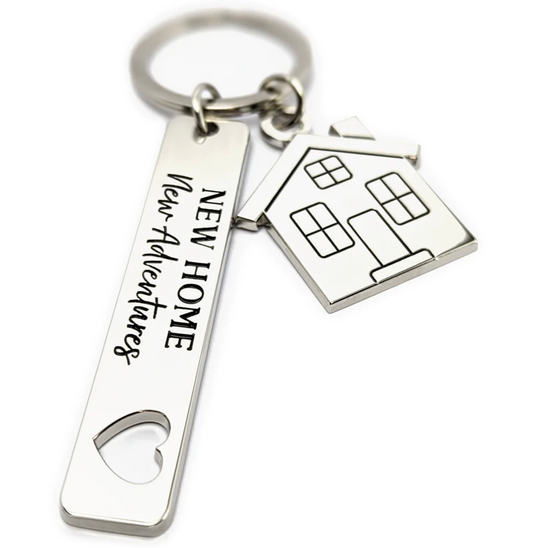 Key Ring Key Chain  New Home New Adventures 2 charms House shaped  and a Bar with Heart cutout  (KNEWH)