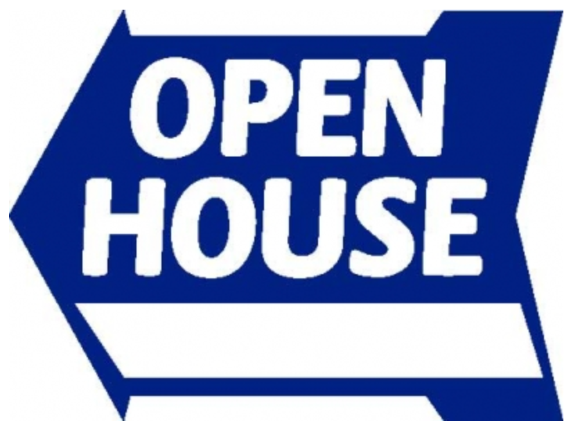Sign Arrow Shape Open House Blue 23" wide x 17 1/2" tall double sided corrugated 3 Hanging holes on the top and bottom (SAOHB)
