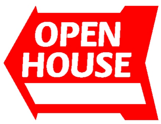 SMALL Sign Arrow shape Open House Red 23" wide x 17 1/2 tall double sided corrugated 3 Hanging holes on the top and bottom (SAOPH)