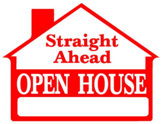 Sign House Shape Straight Ahead OPEN HOUSE Red  23"wide x 17"tall double sided corrugated (SHSDR)