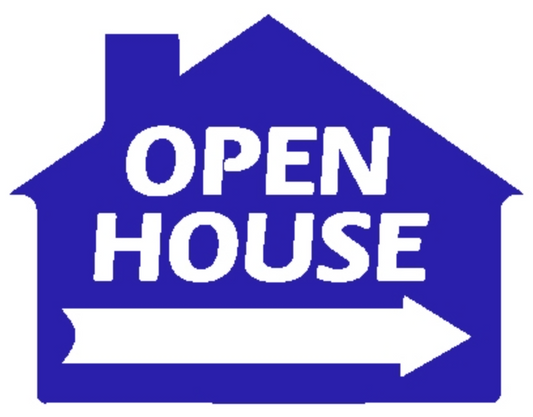 Sign, House Shape, Arrow, Open House, Blue, corrugated 23"wide x 17"tall (SHOPB)