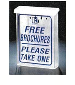 Outdoor Flyer Brochure Box White Free Brochures Please Take One in Blue letters snap top of 8 1/2" x 11" flyers  This item will strap around most yard posts with the cable tie or screw directly onto the post (OFLHB)