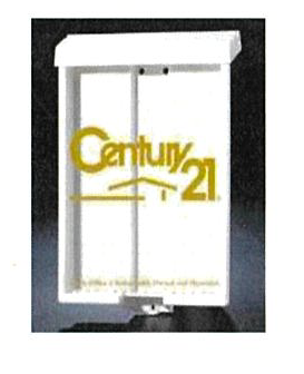 Outdoor Flyer Brochure Box White Clear Front Top Closure Century 21 logo accommodates 75 sheets of 8 1/2" x 11" flyers  This item will strap around most yard posts with the cable tie or screw directly onto the post (OBBC2)