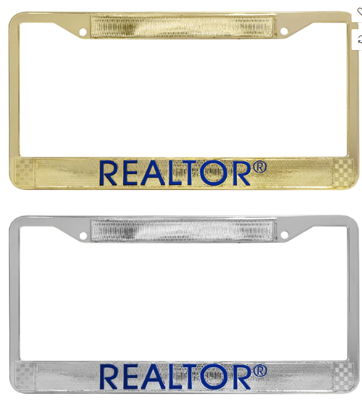 License Plate Frame Metal REALTORS branded logo in 2 Colors Silver and Gold (LMRLS LIPFG)