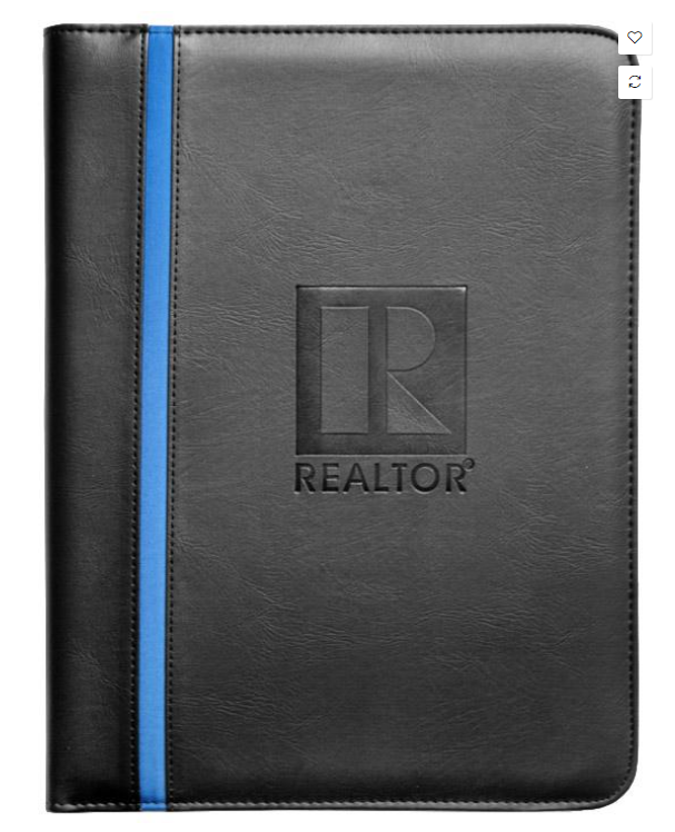 Padfolio Black Leatherette Material REALTOR Branded Logo with a Color Strip down the side inside has serveral pocket areas for paperwork and business card holder pen Assorted Colors (RBPAD RRPAD RGPAD RPPAD)