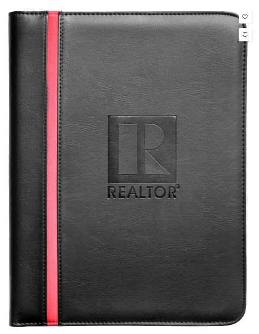 Padfolio Black Leatherette Material REALTOR Branded Logo with a Color Strip down the side inside has serveral pocket areas for paperwork and business card holder pen Assorted Colors (RBPAD RRPAD RGPAD RPPAD)