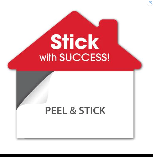 Business Card Magnets-25 Pack House Shaped "Stick with SUCCESS!" Peel and Stick Magnets peel off the adhesive liner and apply a business card (MSTIC)