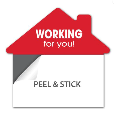 Business Card Magnets-25 Pack House Shape "Working For You" Peel and Stick Magnets peel off the adhesive liner and apply a business card (MWORK)