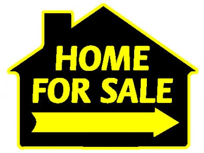 Sign House Shape Black with Yellow Home For Sale with Arrow  23"wide x 17"tall Double Sided corrugated 1 hanging hole on the top and 3 on the bottom (SHH4Y)